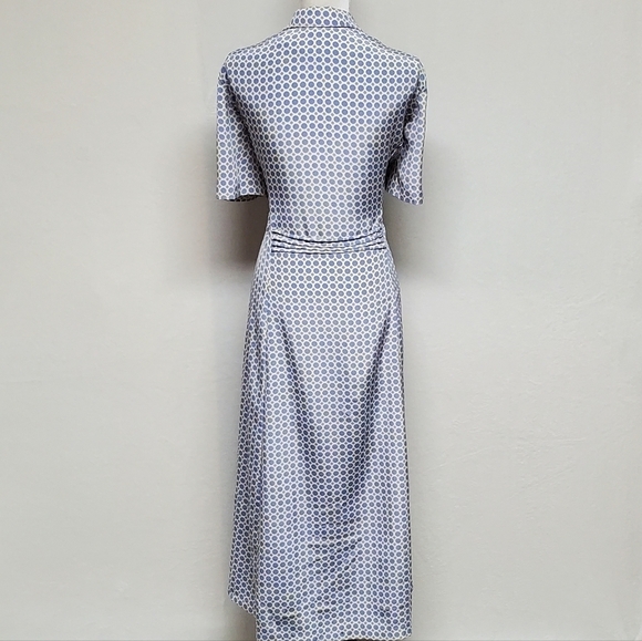 VINTAGE 1980s Leslie Fay Cornflower Blue Green Polka Dot Strappy Back Maxi Dress - Picture 10 of 14